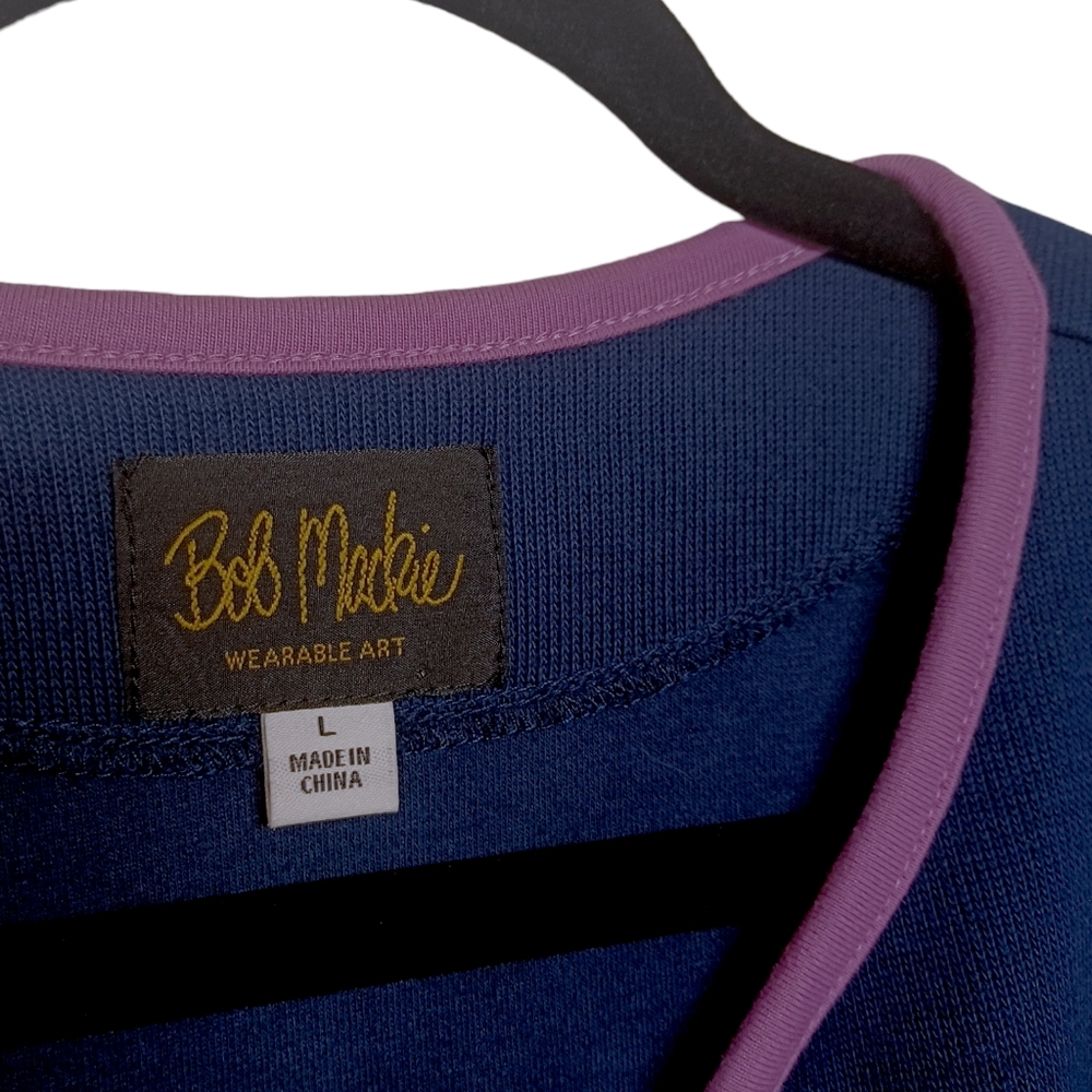 BOB MACKIE Embroidered Floral Print Lilac Purple Navy Blue Knit Cardigan Sweater - Picture 2 of 8